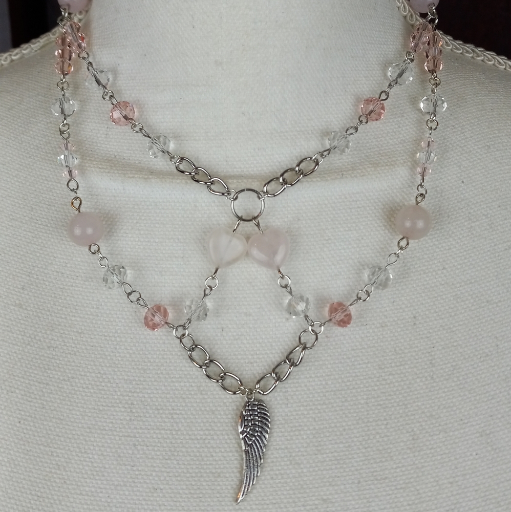 Angel themed fairycore style beaded necklace Rose Quartz and glass pink/clear